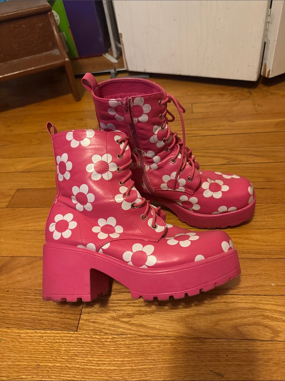 Dolls Kill Hot Pink Daisy Platform Lace-Up Boots